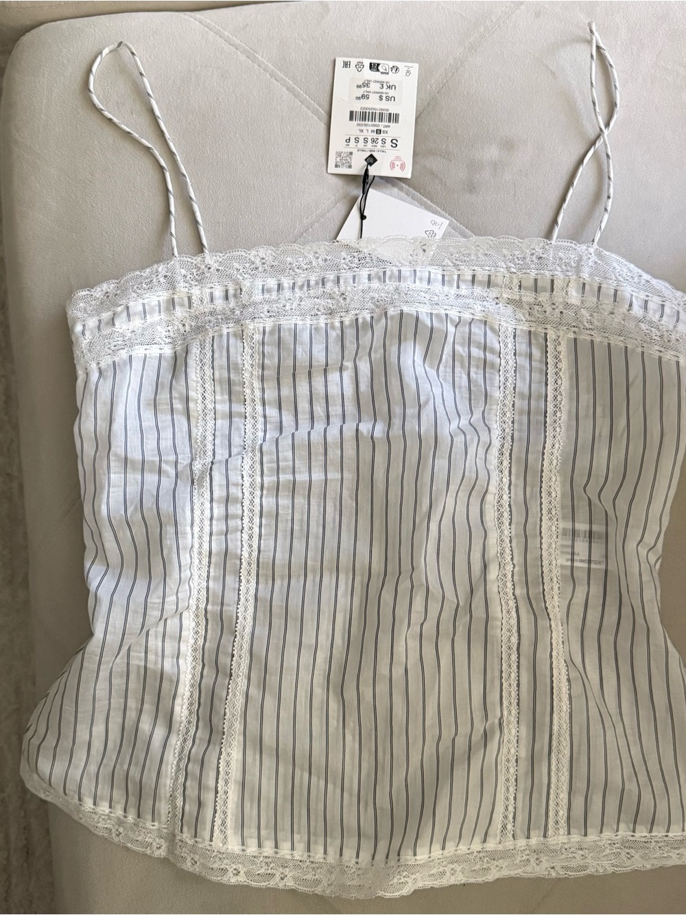 Zara White Cami with  Pinstripes and Lace Trim